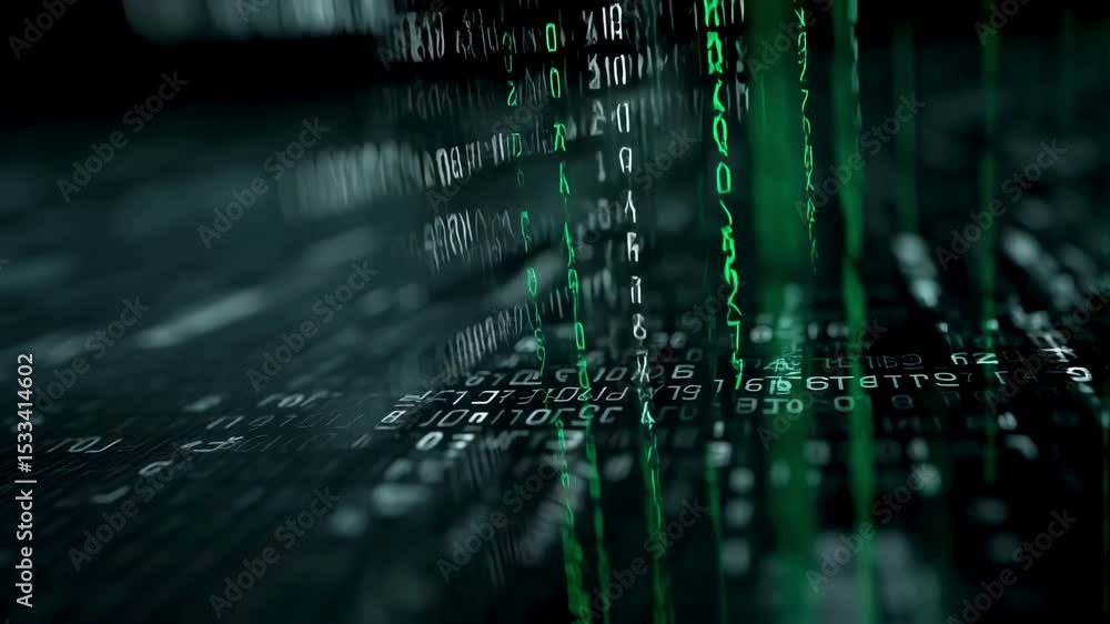 Wall mural abstract digital data stream green code flowing over dark background