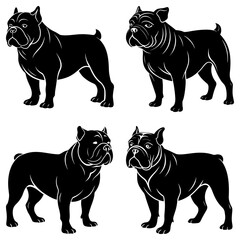 Four black and white vector illustrations of bulldogs standing in different positions on a white background