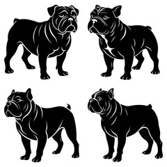 Four black bulldog silhouettes in various poses on a white background graphic illustration art design