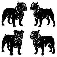 Four black bulldog silhouettes in different poses on a white background vector illustration