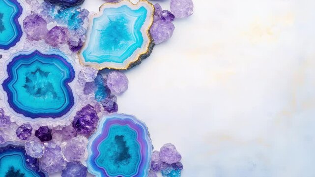 Blue and purple agate stone slices with amethyst crystals on white marble surface showcasing natural mineral patterns and vibrant colors in elegant gemstone display slice