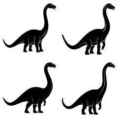 Four silhouette illustrations of a sauropod dinosaur with long neck and tail in black color
