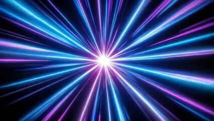 Radiating neon blue and purple light beams bursting from center point in dynamic futuristic background. Technology design concept
- Powered by Adobe