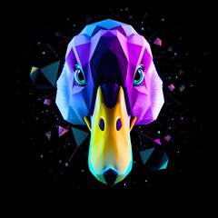 Close-up duck head vector, fragmented geometric low-poly style with neon purple-body gradient.