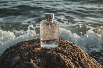 Premium fragrance bottle product display resting on rugged coastal rock at beach. Dramatic blue sea background with crashing waves for perfume branding, beauty campaigns, or luxury product visuals