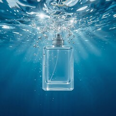 Premium fragrance bottle suspended in vibrant turquoise ocean waters. Dramatic underwater perspective with light rays and bubbles for perfume branding, beauty campaigns, or luxury product visuals