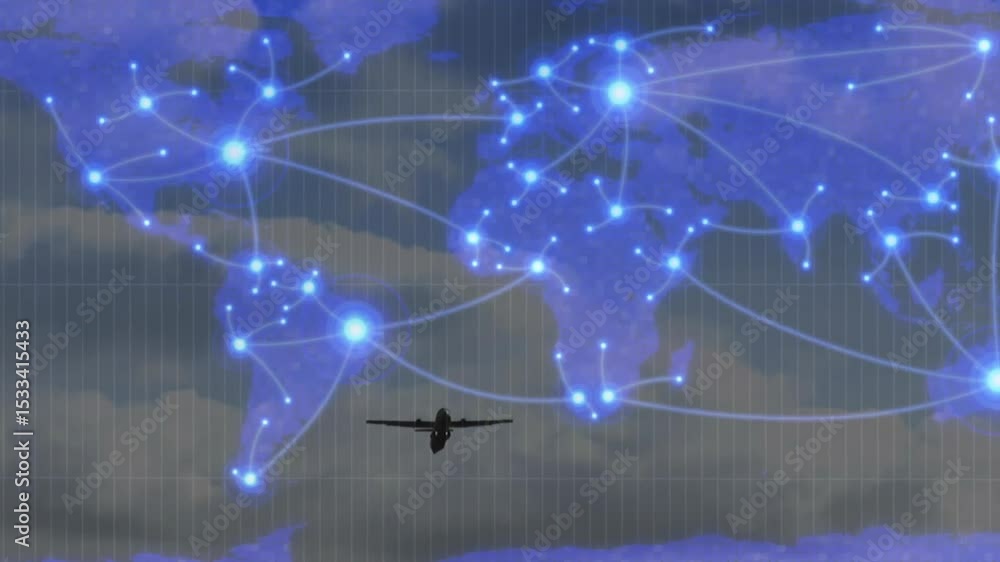 Poster clouds moving initiating plane flying as world map fading revealing network linking continents