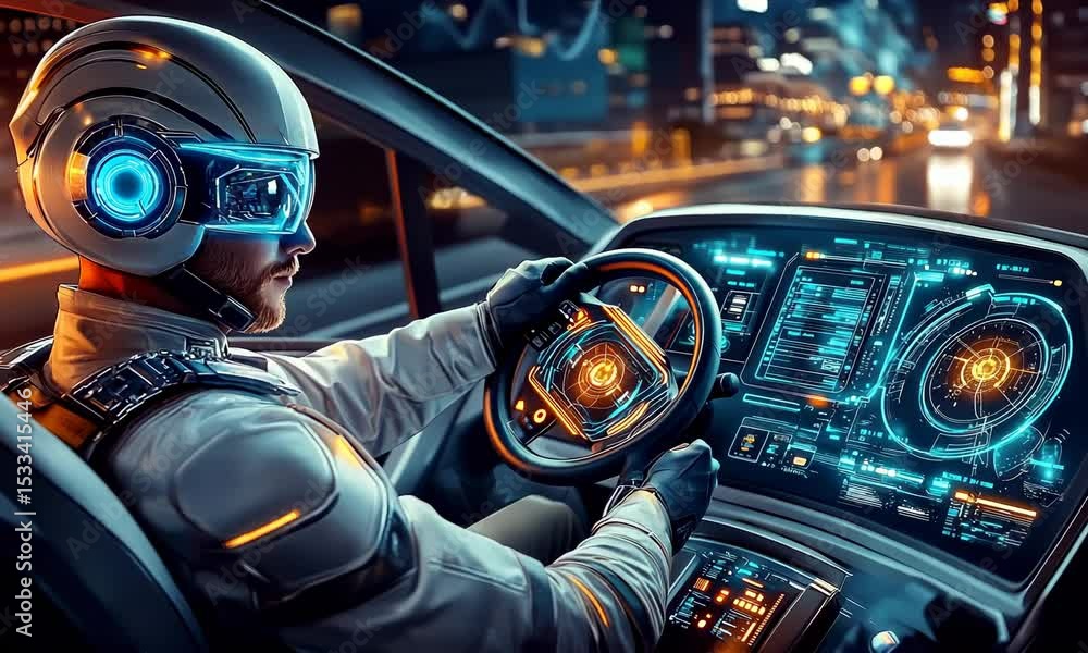 Poster futuristic driver in a self-driving car. advanced technology controls vehicle