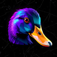Close-up duck head vector, fragmented geometric low-poly style with neon purple-body gradient.