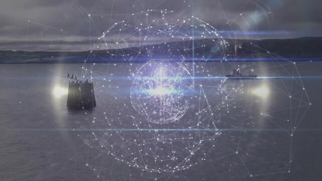 Upon appearing holographic sphere pulsing visualizing network guiding boat through core dissolving