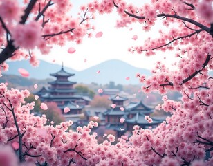 Pink cherry blossoms falling on asian temple