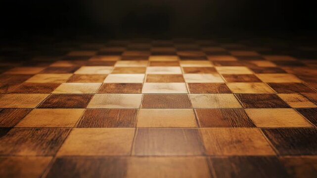 Wooden chessboard game board with square pattern and texture, featuring alternating light and dark brown squares, creating warm and classic game atmosphere on polished surface