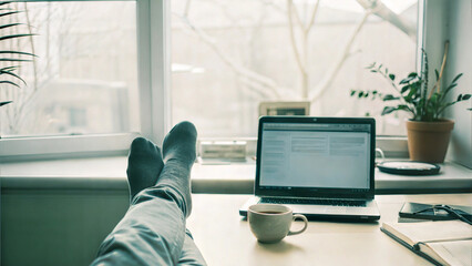 A person enjoys a cozy remote work at home, relaxing with coffee and using a laptop by the window, surrounded by indoor plants. Generative AI.