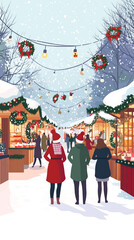 Festive Christmas Market Scene with Decorated Stalls, Christmas Market Stalls