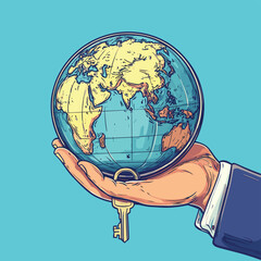 A hand holding a globe with keys, illustration of solutions to global issues in the business world  , vector style simple color