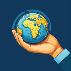 A hand holding a globe with keys, illustration of solutions to global issues in the business world  , vector style simple color