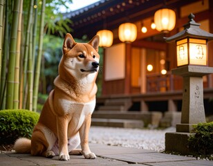 茶室の前で座る柴犬