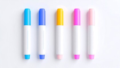Realistic 3D Render of Colorful Markers and Highlighters on a Pure White Background in Clay Style