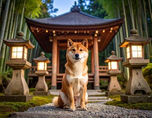 茶室の前で座る柴犬