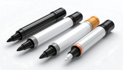 Realistic 3D Highlighters and Markers on Pure White Background with Glossy Plastic Finish