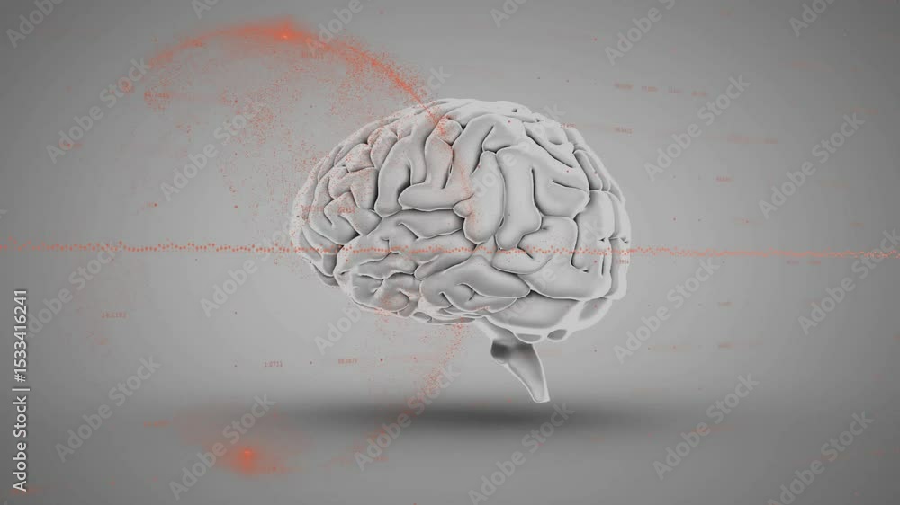 Poster white 3d brain appearing causing rotating pulsing waveform and rising trail showing neural activity