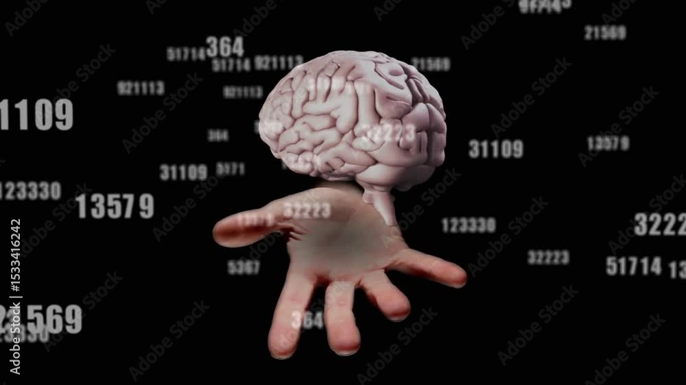 Poster numeric codes drifting over void starting palm emerging brain appearing rotating visualizing data