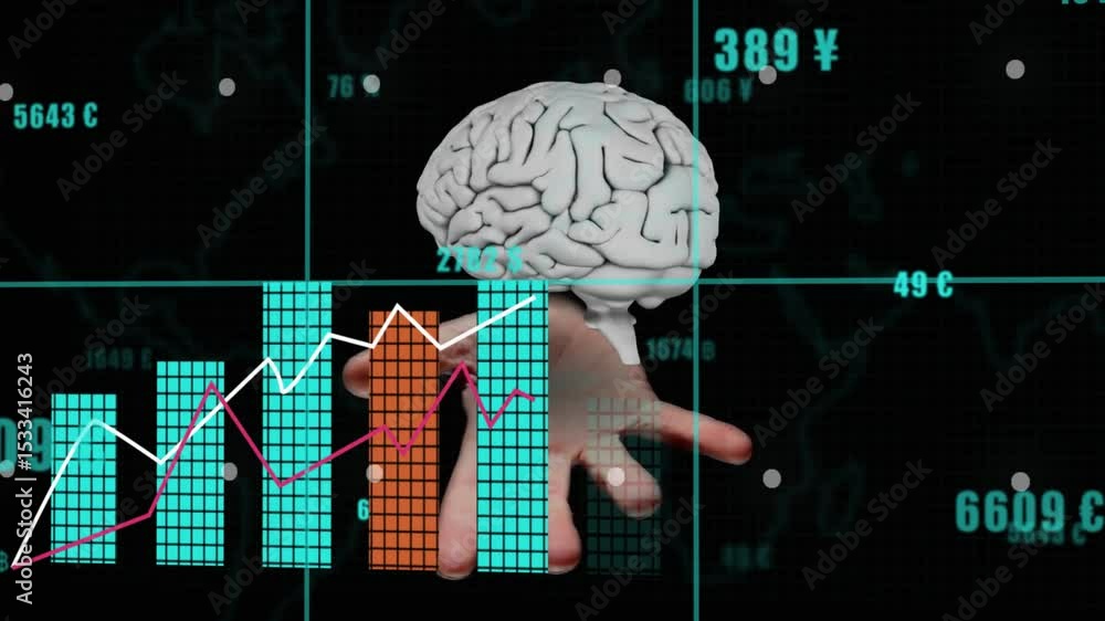 Poster currency shifting driving brain hovering over palm while bars rising and lines tracing data trends