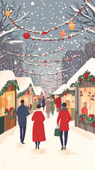 Festive Christmas Market Scene with Decorated Stalls, Christmas Market Stalls