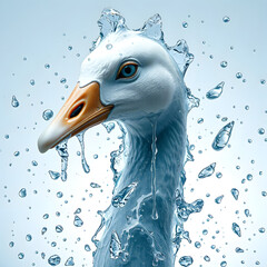 Hyper modern goose head, liquid surrealism style with floating crystalline structures. 