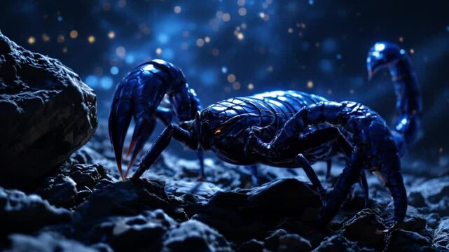 Metallic blue scorpion positioned on a rocky surface against a backdrop of a dark, star-filled night sky
