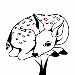 Cute Fawn Illustration, Line Art, Black and White Deer Drawing