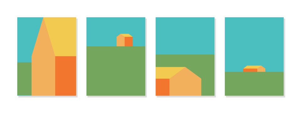 Set of four abstract geometric illustrations featuring houses, sky, and ground in a minimalist style. Perfect for modern interior design, posters, or digital projects