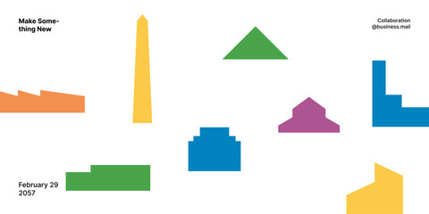 Minimalist building illustration with bold geometric shapes in vibrant colors, set against a clean white background. Ideal for banners, posters, or branding projects with a modern aesthetic.
