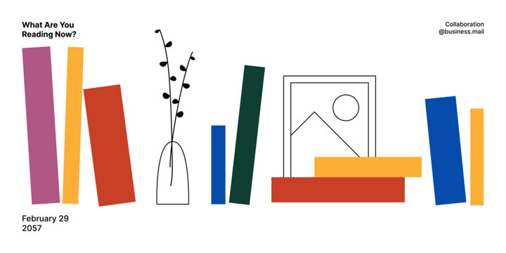 Minimalist bookshelf illustration featuring vibrant book shapes and simple line art elements, perfect for library, education, or reading-related projects.