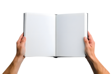 overhead view of hands holding a blank book ready with copy space ready for text, isolated on white. Ai Generated Images