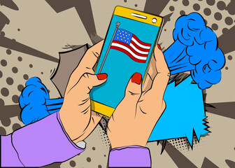 Cartoon Smartphone, comic book Telephone with American Flag. Retro vector comics pop art design.