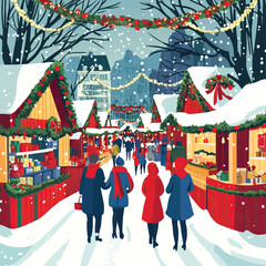 Festive Christmas Market Scene with Decorated Stalls, Christmas Market Stalls