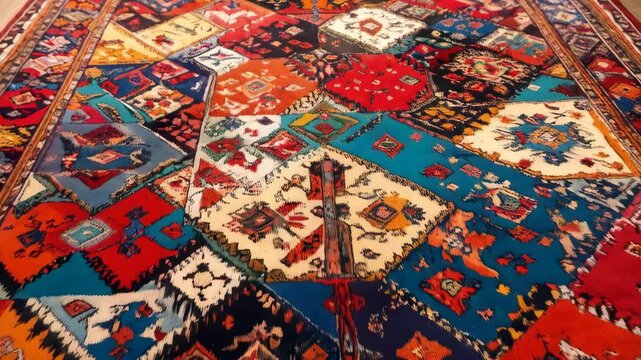 Detailed shot showing colorful textured decorative rug, showcasing an intricate pattern and weaving with a vibrant color combination.