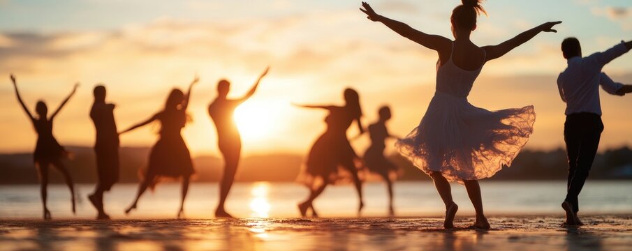 People dancing silhouette sunset beach - Powered by Adobe