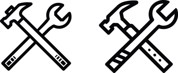 High quality photo of hammer and wrench repair tools line art icon.