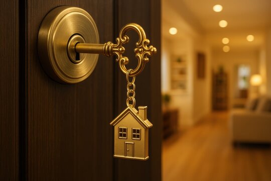 Golden house key with keychain opening door to bright interior space