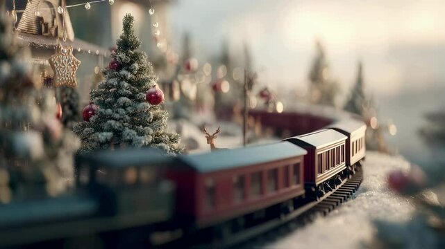 Enchanting Christmas Village with Toy Train and Snow-Covered Trees