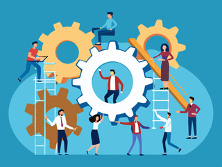 Business Teamwork Concept. Vector illustration in flat style of a mechanism consisting of gears and diverse business people performing various tasks, flat style Business Teamwork Concept