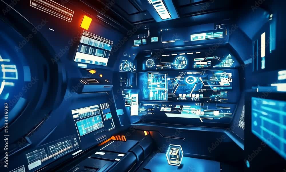 Poster Futuristic spaceship control panel.  High-tech interior with glowing displays and advanced controls