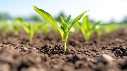 Close-up of a young green plant emerging from rich soil under bright sunlight.