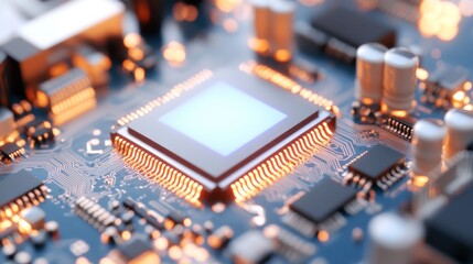 Obraz premium Close-up of a modern microchip on a circuit board, showcasing intricate components and glowing connections.