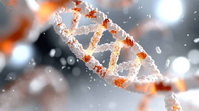 Close-up of a DNA double helix structure in a vibrant scientific background, showcasing genetic information.