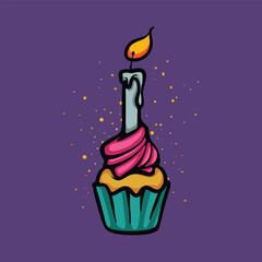Cupcake with candle cartoon vector illustration
