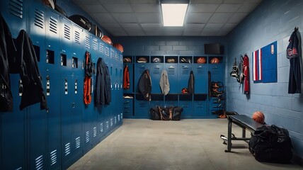Blue locker room with sports equipment.