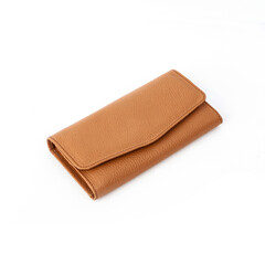 Brown long leather wallet isolated on white background, perfect for leather products catalog design